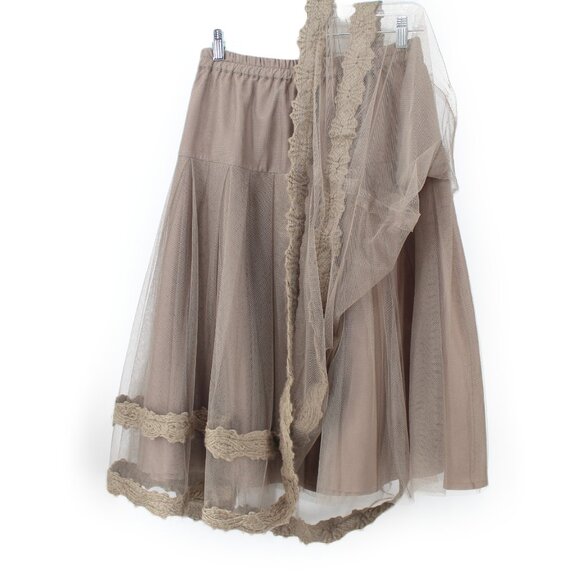 Lunn by Lilith Khaki Tulle Midi Skirt 3 Layer Pleated Drop Waist Pull-On S - Picture 4 of 11